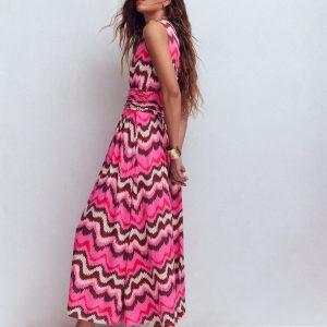 Elodie Jersey Maxi Dress-Pink Punch. Zig Zag Wave