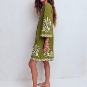 Short Kaftan Jersey Dress-Khaki Embroidered