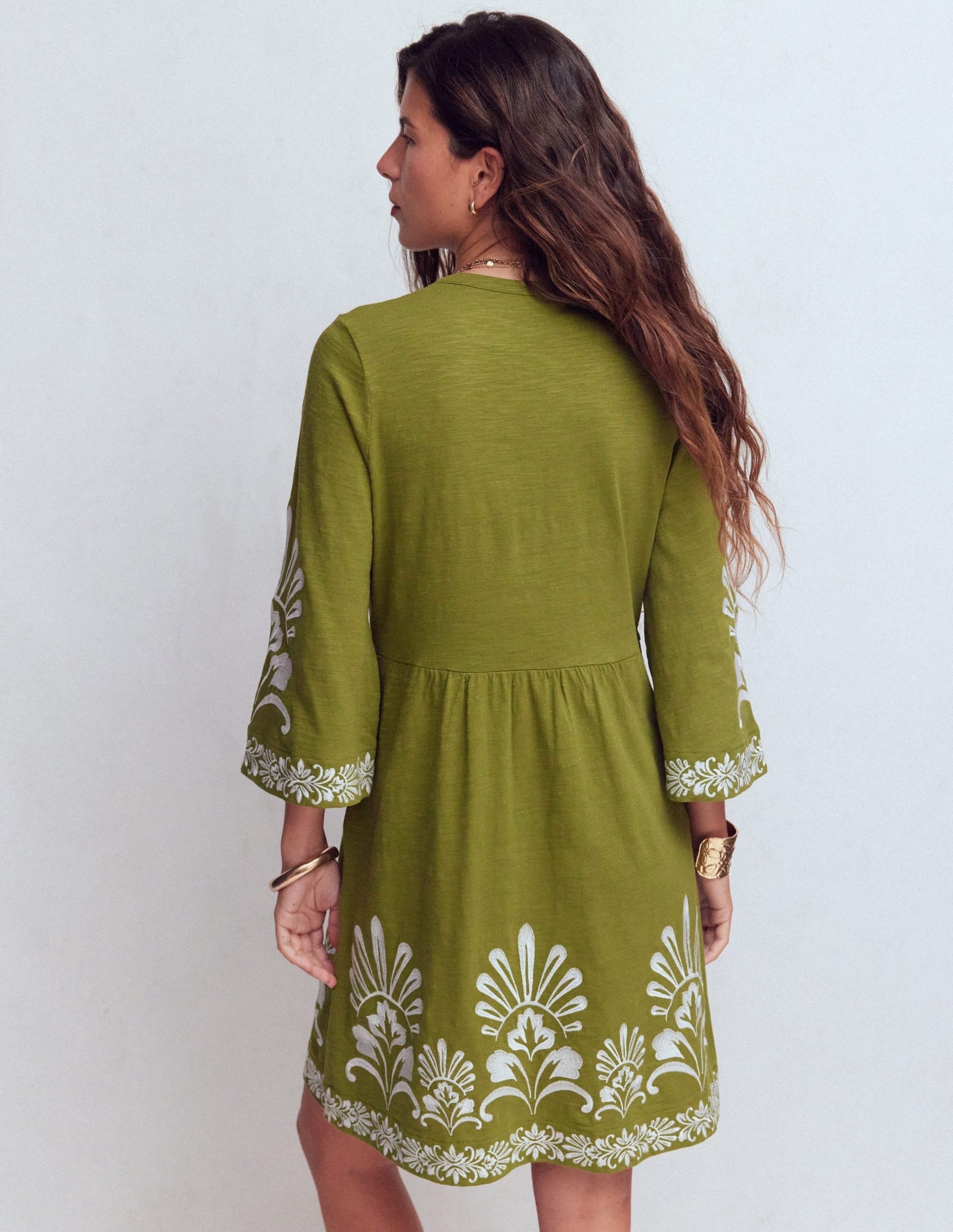 Short Kaftan Jersey Dress-Khaki Embroidered - Image 3