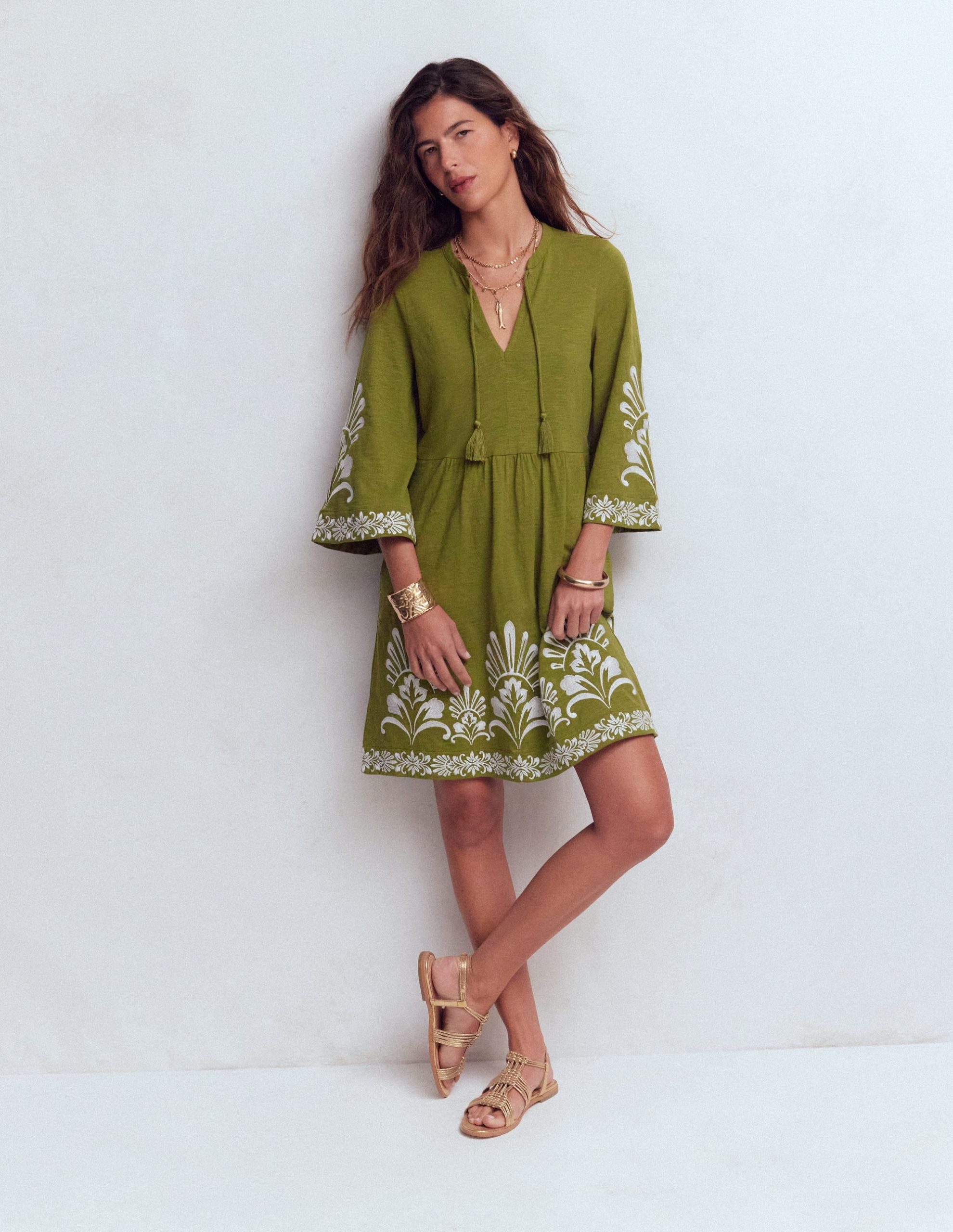 Short Kaftan Jersey Dress-Khaki Embroidered - Image 4