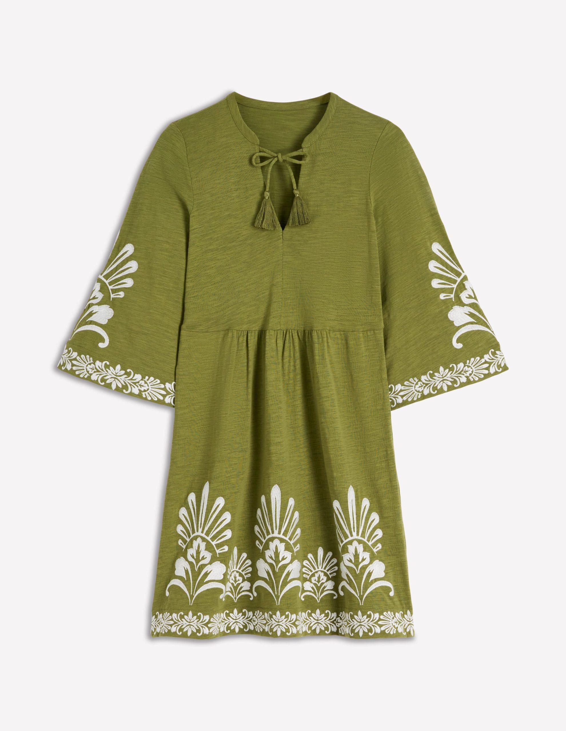 Short Kaftan Jersey Dress-Khaki Embroidered - Image 7