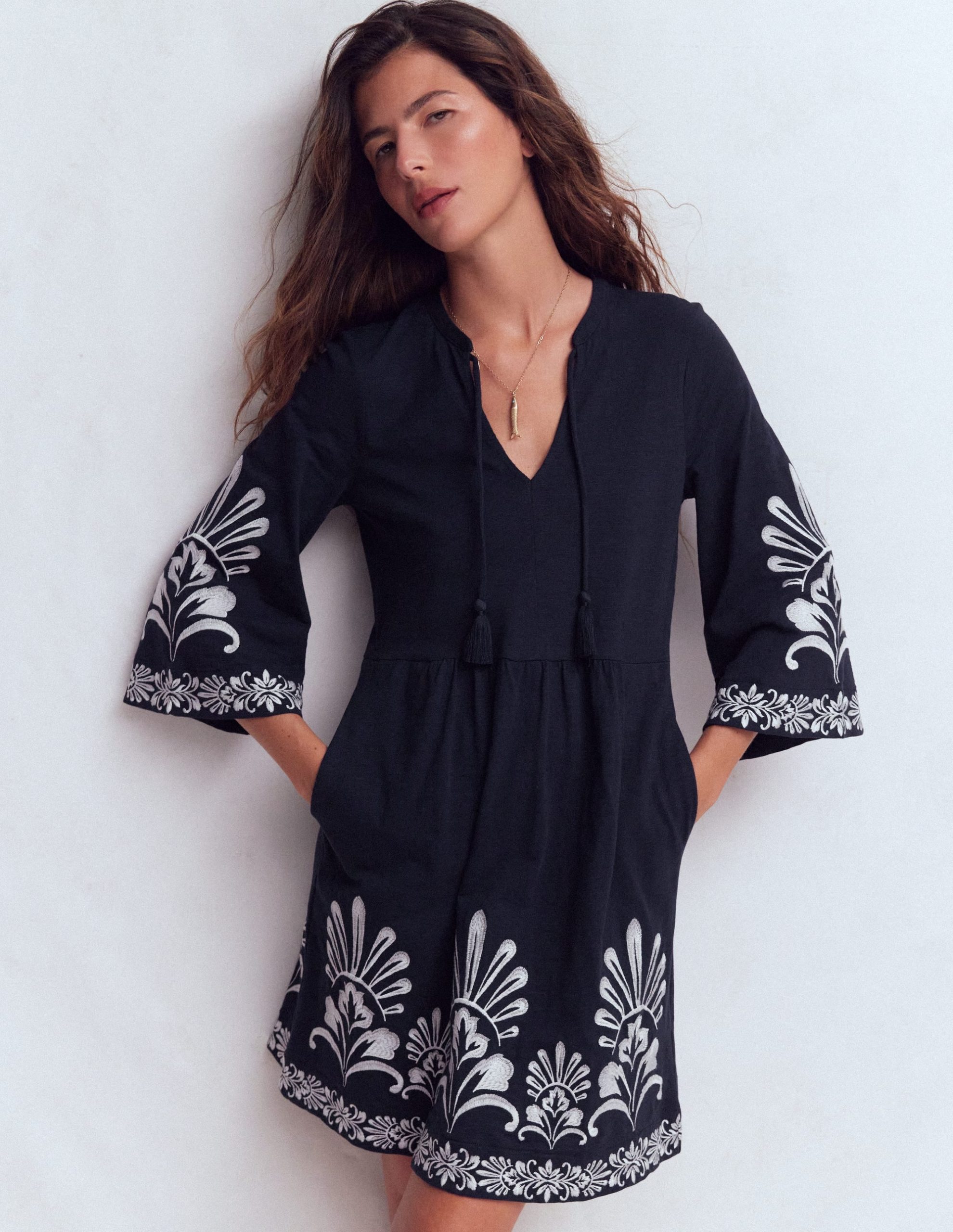 Short Kaftan Jersey Dress-Navy Embroidered - Image 4