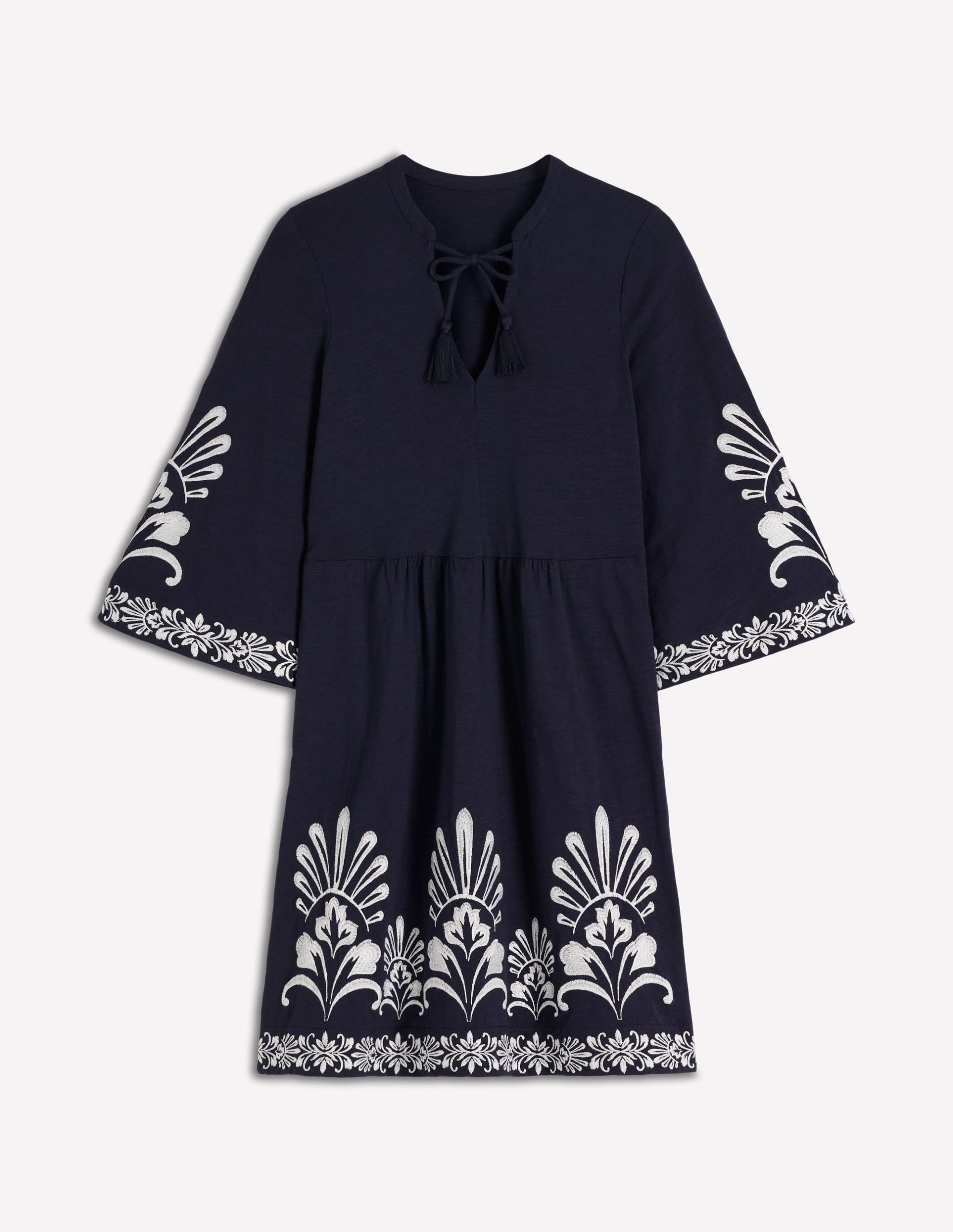 Short Kaftan Jersey Dress-Navy Embroidered - Image 5