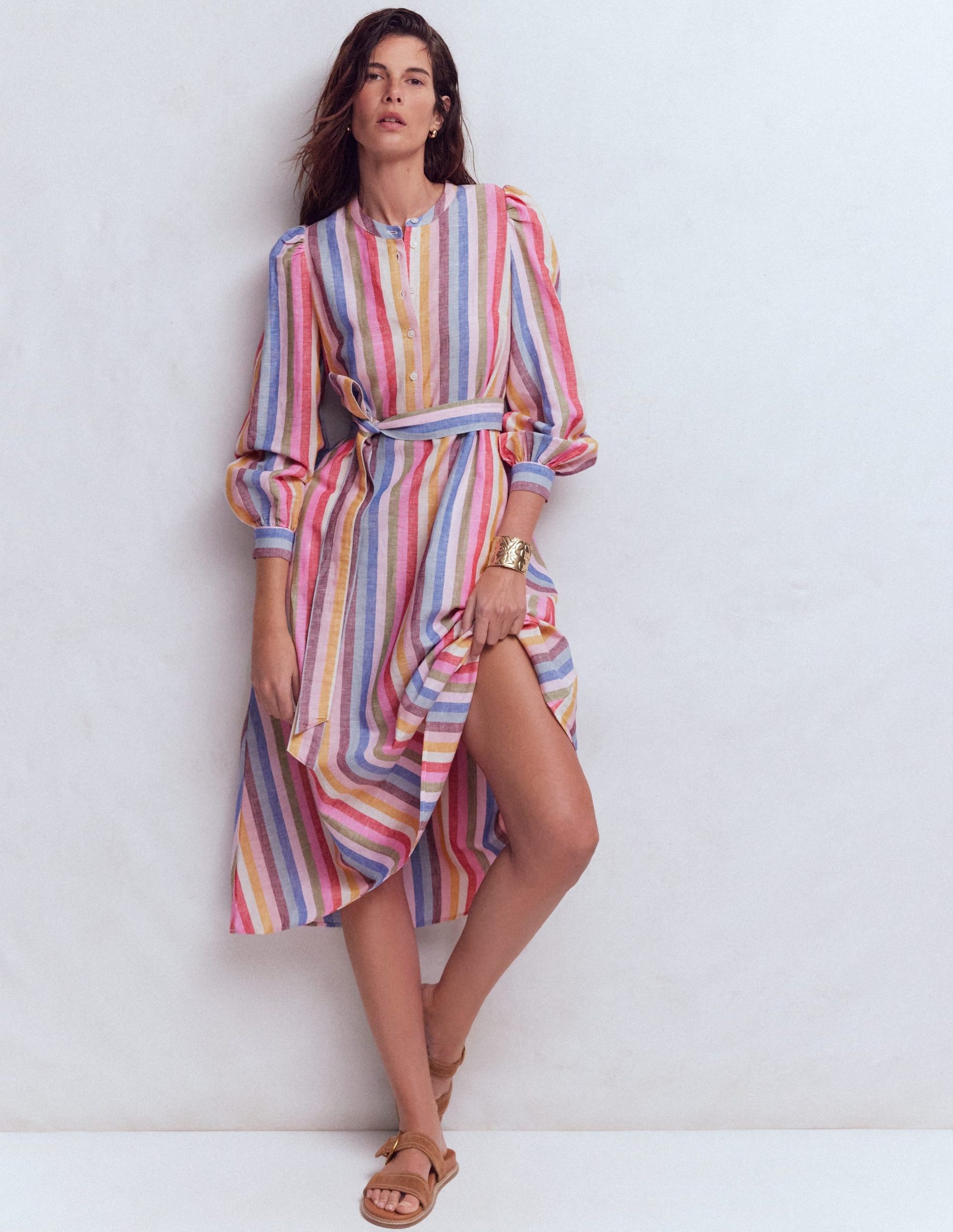 Ava Linen Blend Midi Dress-Pink. Green. Purple Multi