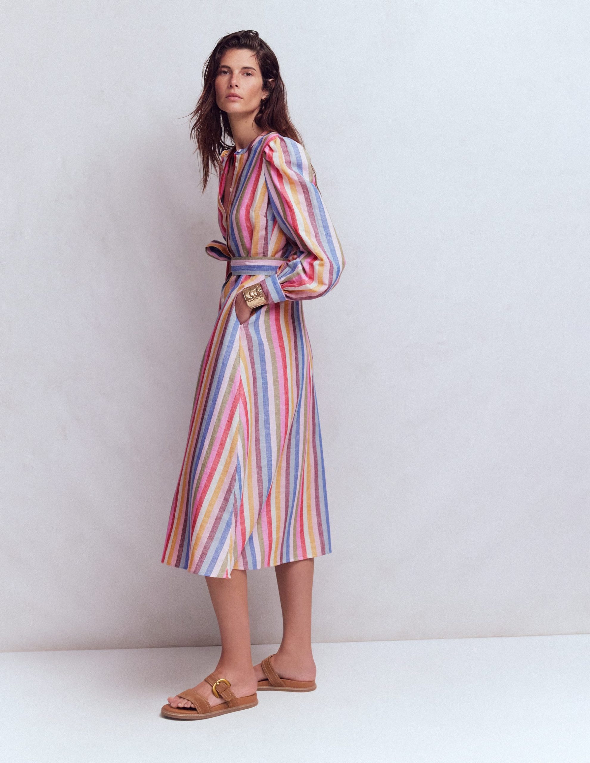 Ava Linen Blend Midi Dress-Pink. Green. Purple Multi - Image 4