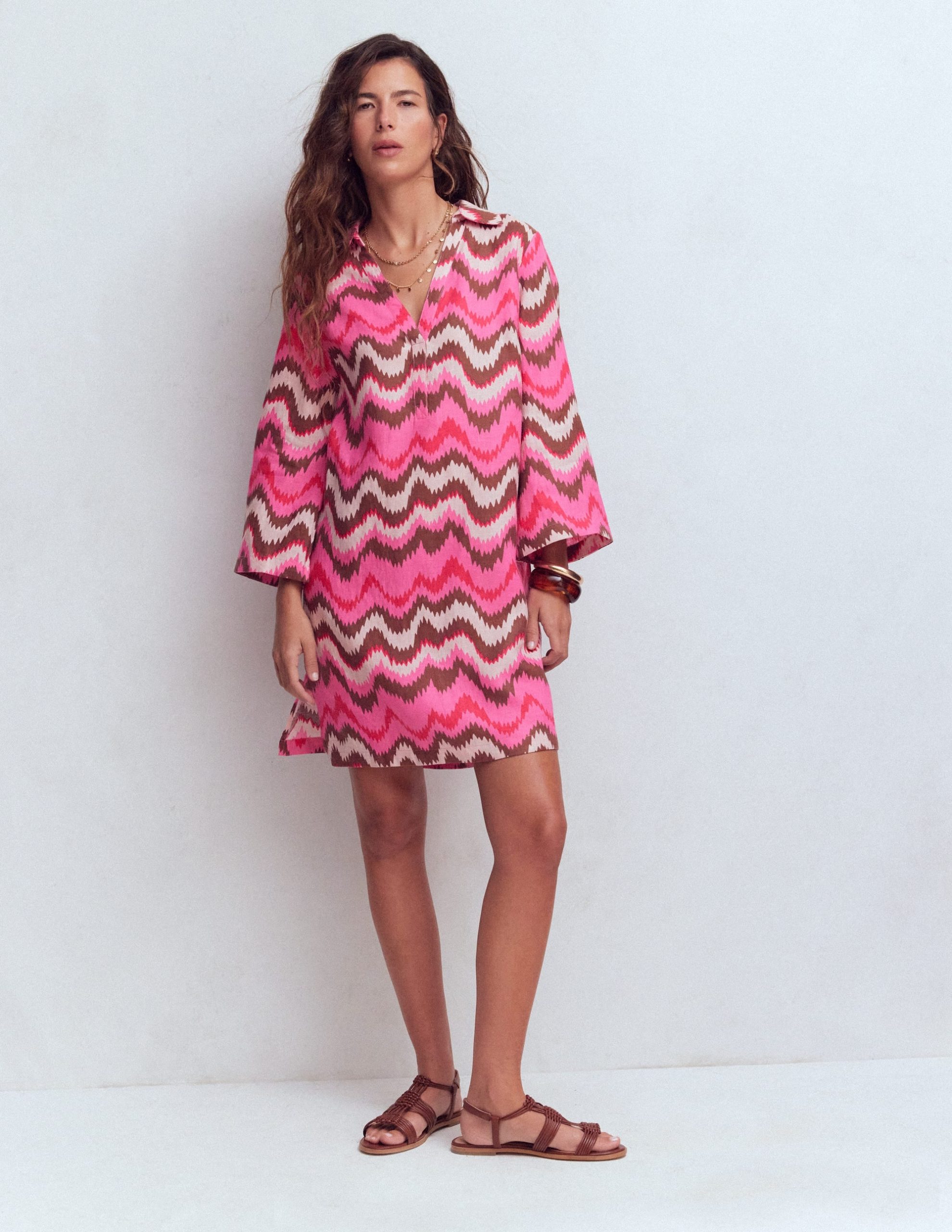Carmen Linen Short Dress-Pink. Zig Zag Wave - Image 4