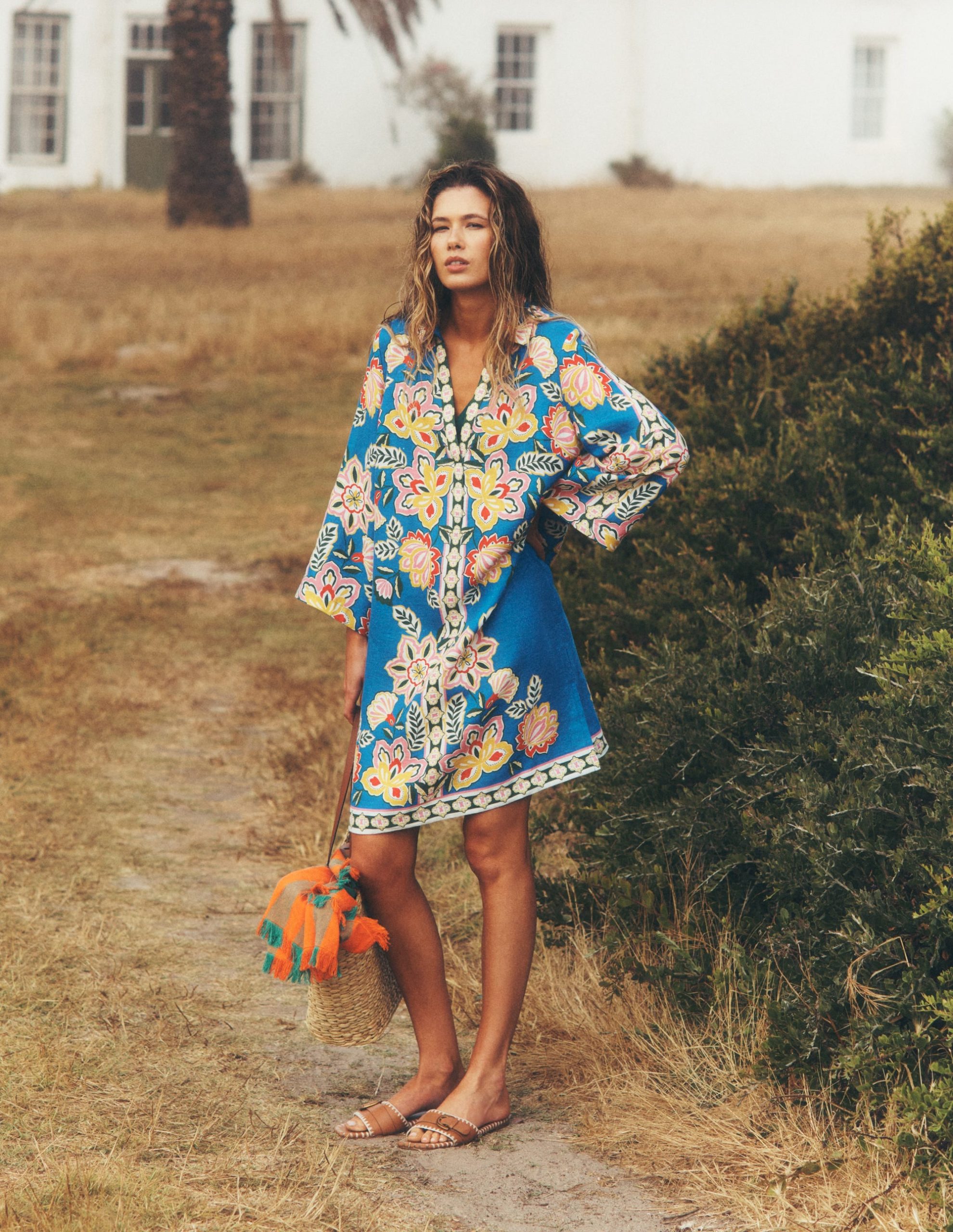 Carmen Linen Short Dress-Blue Blossom Elegance - Image 5