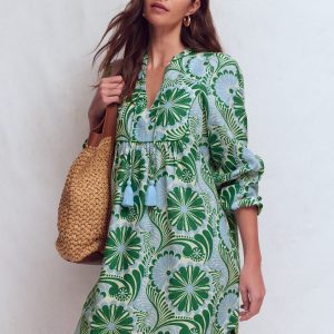 Pia Linen Yoke Tassel Dress-Blue Euphoric Garden