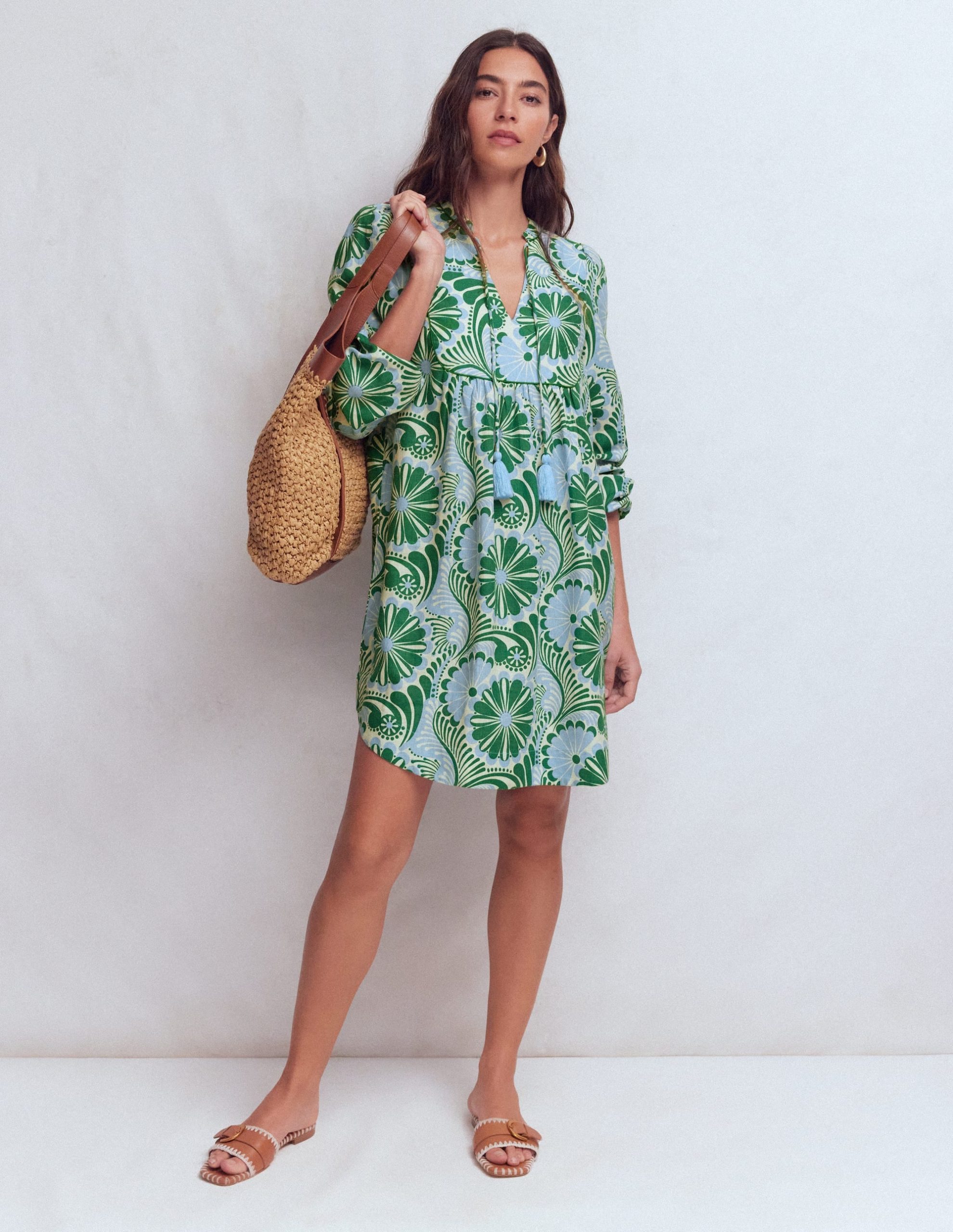 Pia Linen Yoke Tassel Dress-Blue Euphoric Garden - Image 5