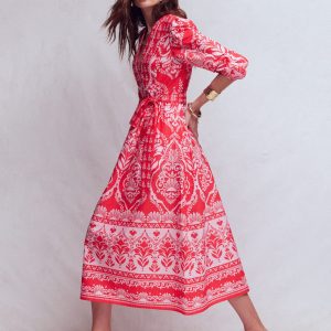 Cary Cotton Midi Dress-Red Ornamental Garden Mono
