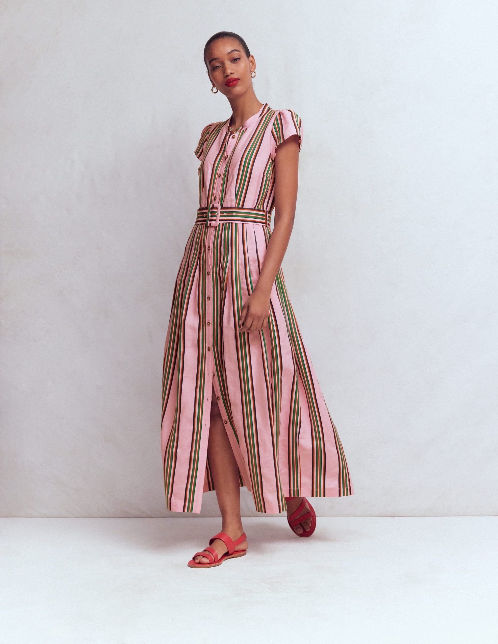 Arabella Linen Blend Dress-Pink. Rich Emerald Stripe