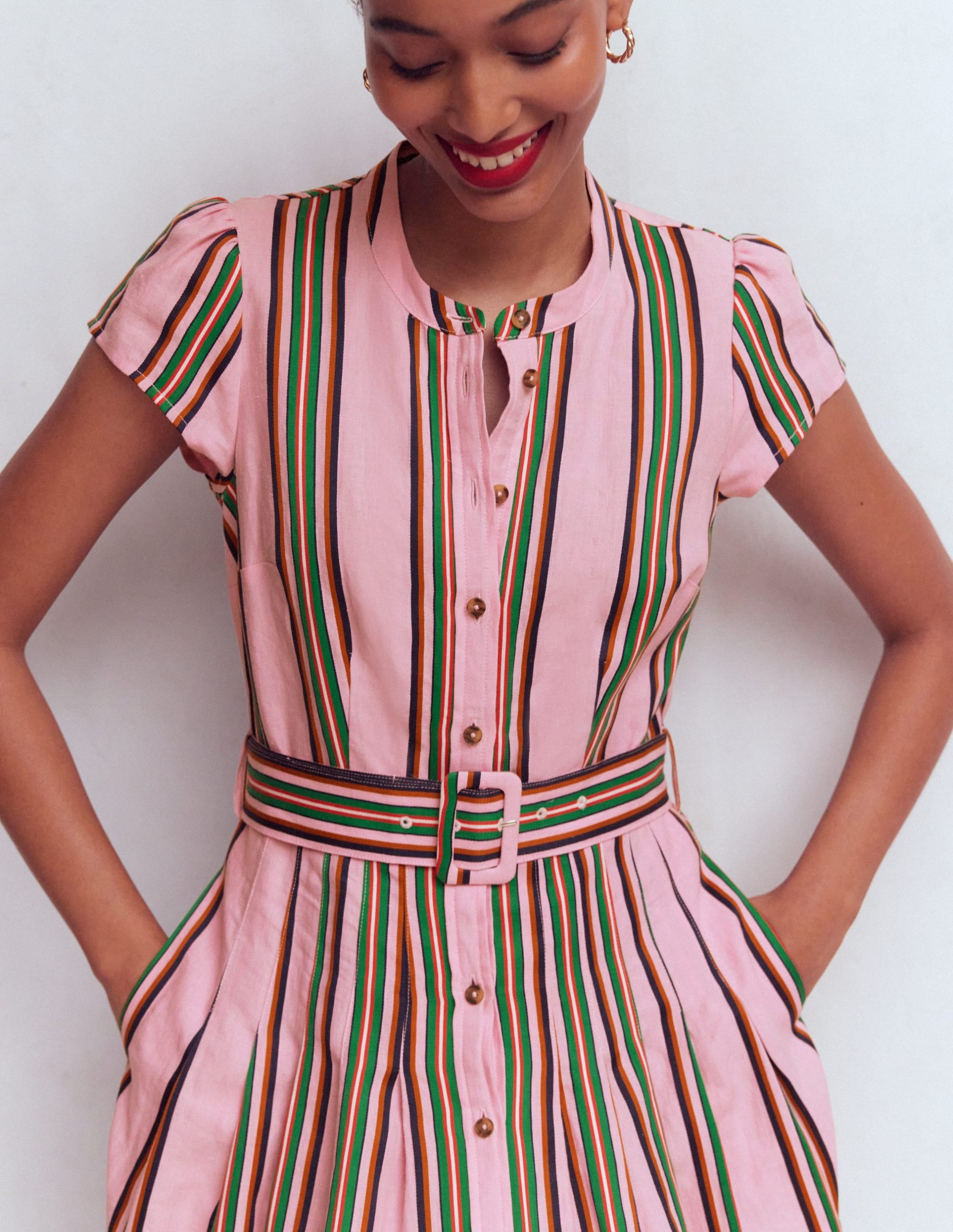 Arabella Linen Blend Dress-Pink. Rich Emerald Stripe - Image 2