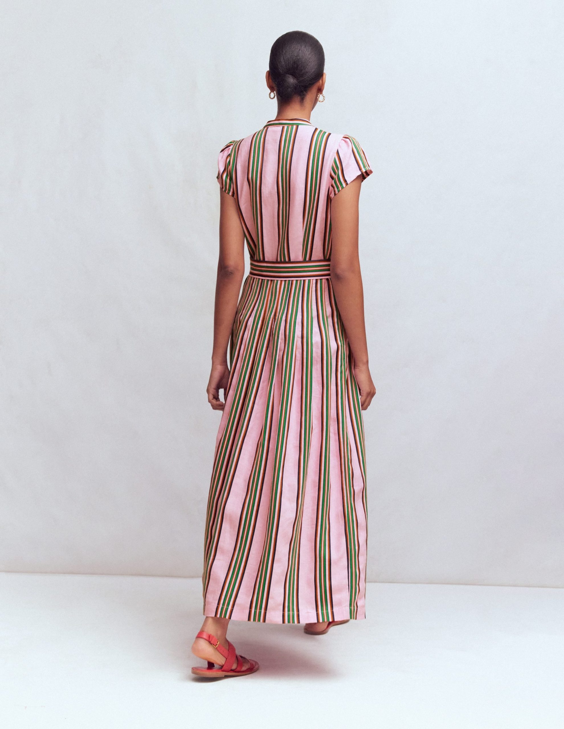 Arabella Linen Blend Dress-Pink. Rich Emerald Stripe - Image 3