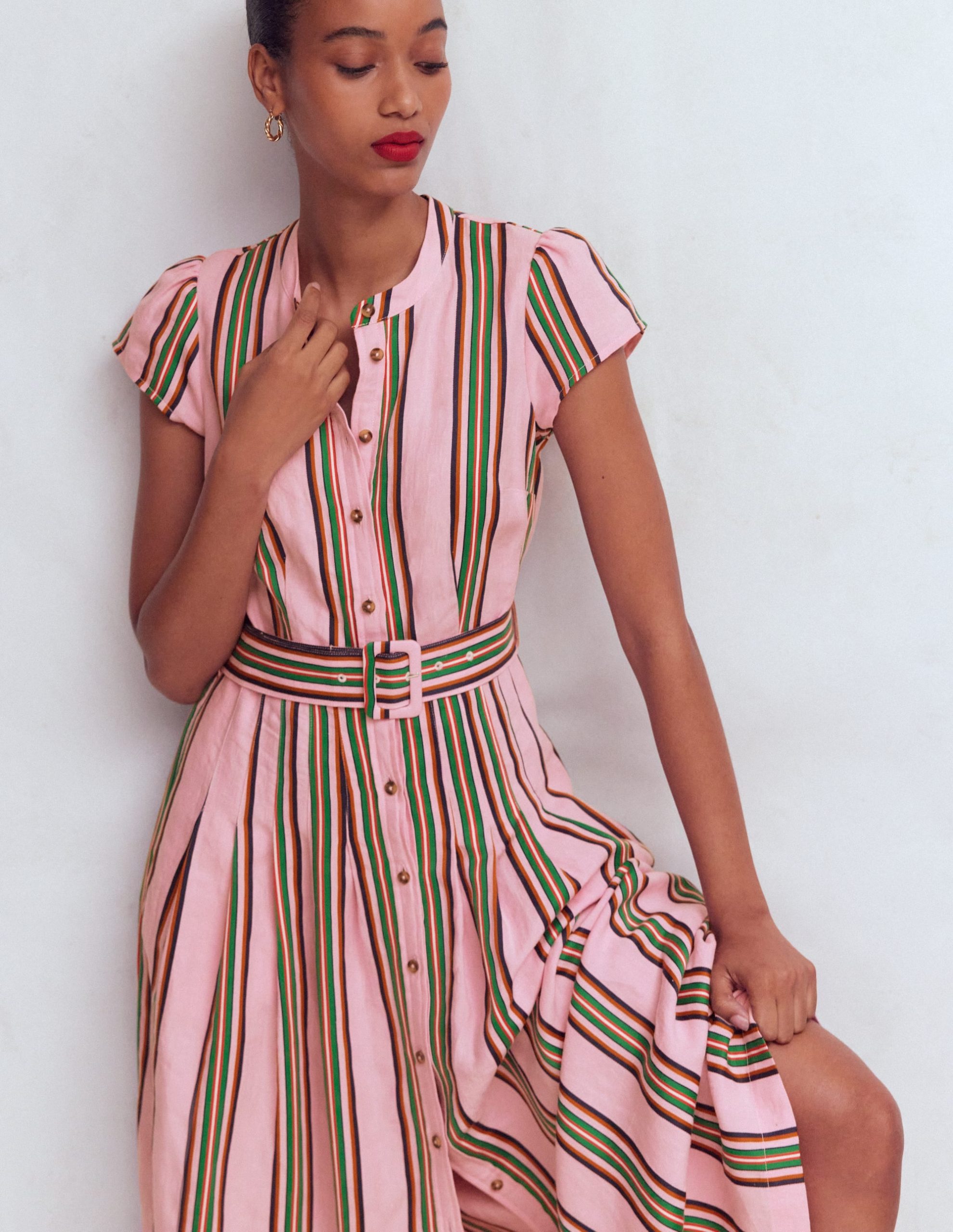 Arabella Linen Blend Dress-Pink. Rich Emerald Stripe - Image 4