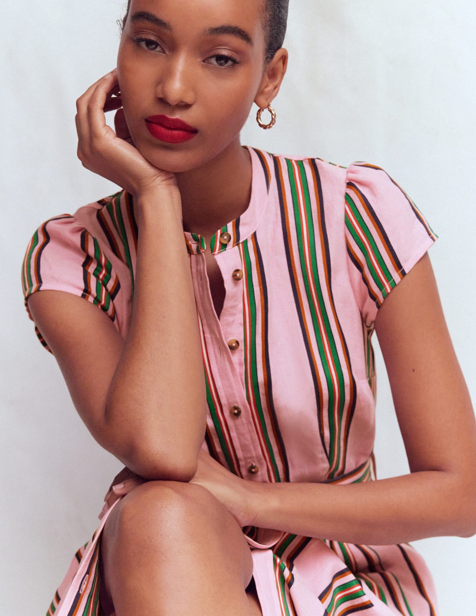 Arabella Linen Blend Dress-Pink. Rich Emerald Stripe - Image 5