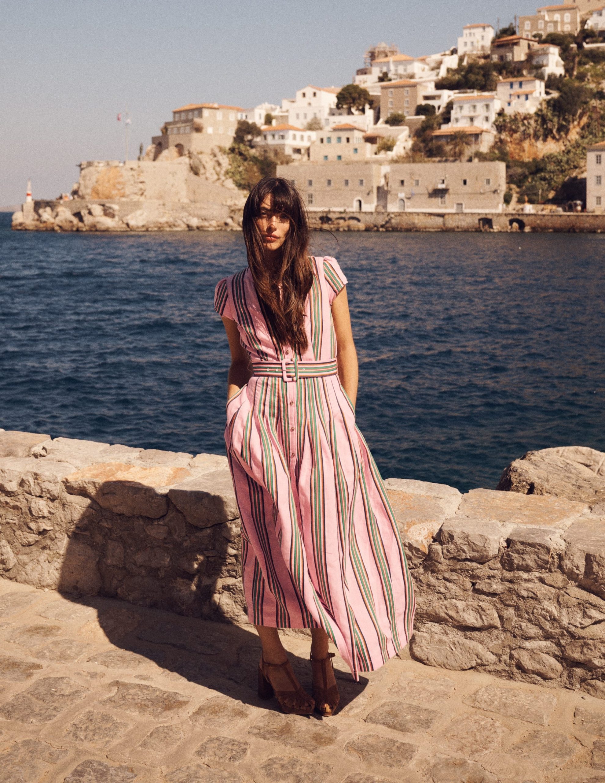 Arabella Linen Blend Dress-Pink. Rich Emerald Stripe - Image 6