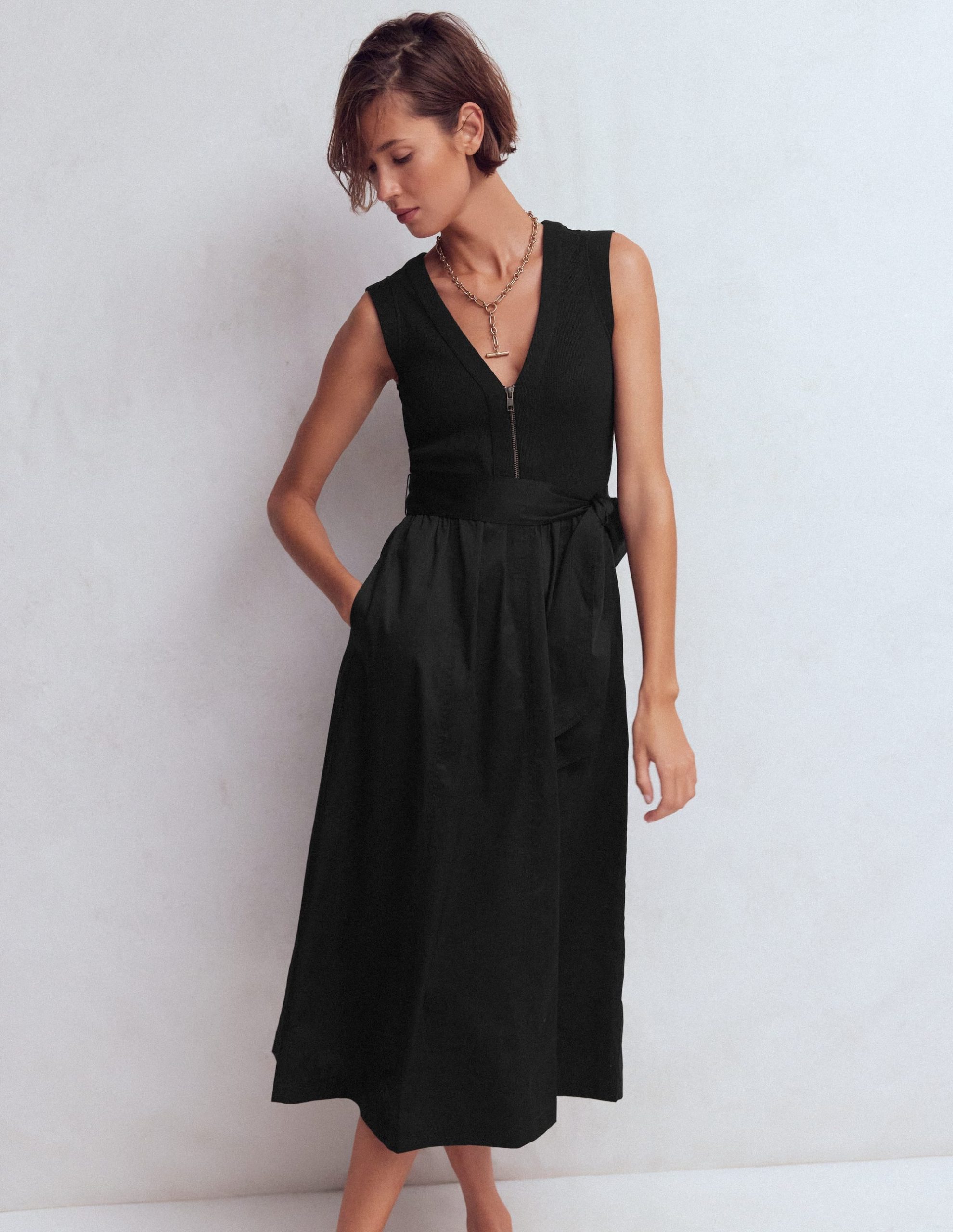Zip-front Mix Media Dress-Black - Image 5