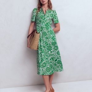 Ivy Button Cotton Midi Dress-Verdant Green. Meadow Scatter
