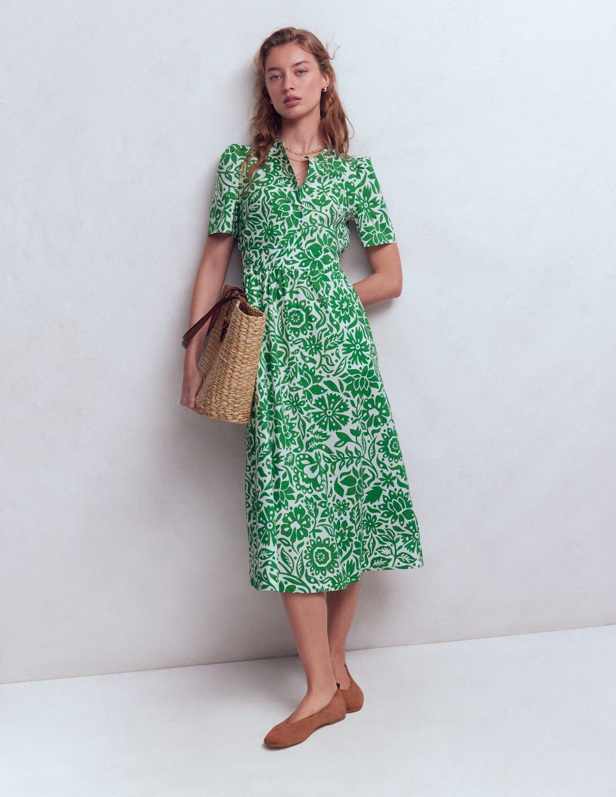 Ivy Button Cotton Midi Dress-Verdant Green. Meadow Scatter