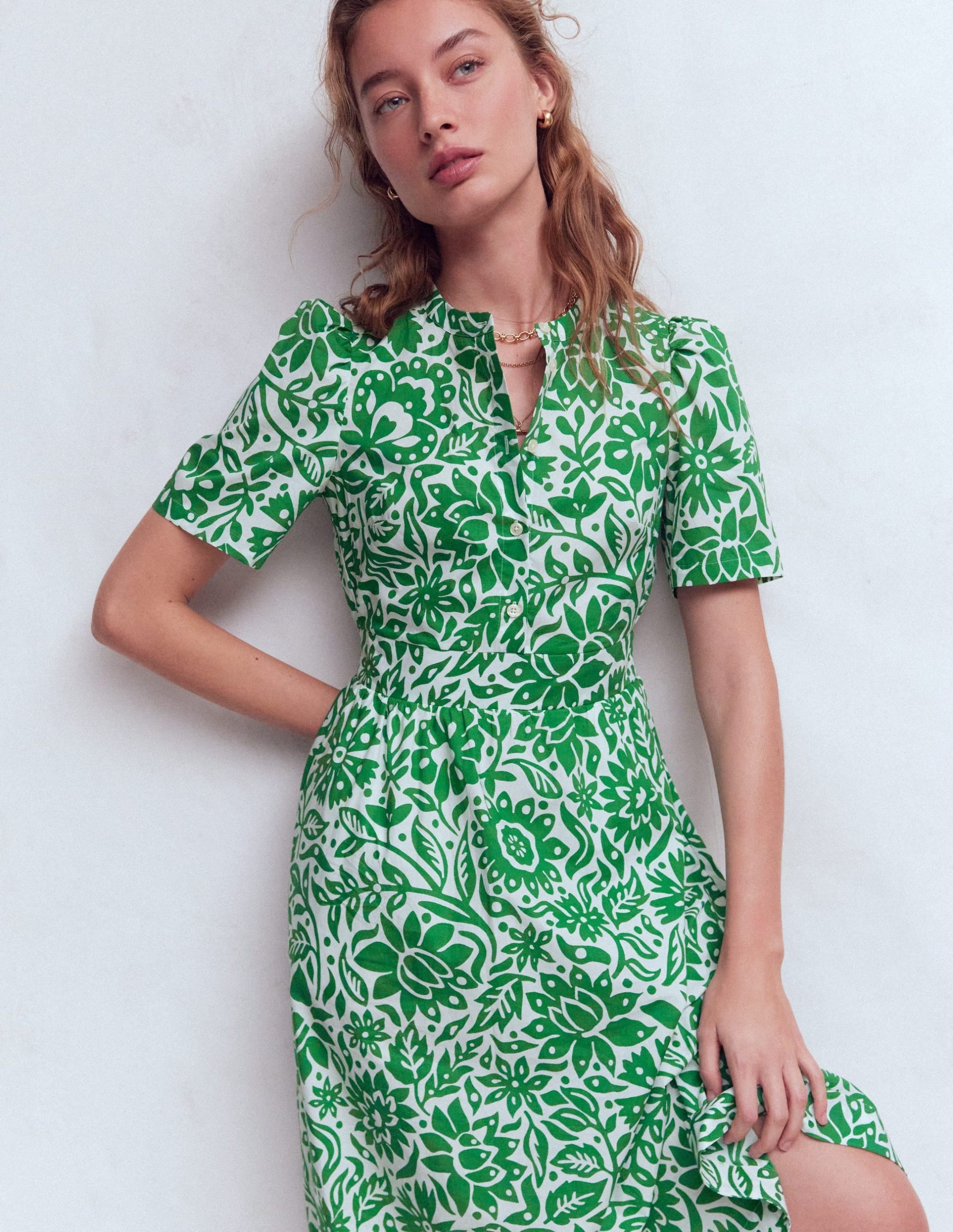 Ivy Button Cotton Midi Dress-Verdant Green. Meadow Scatter - Image 2