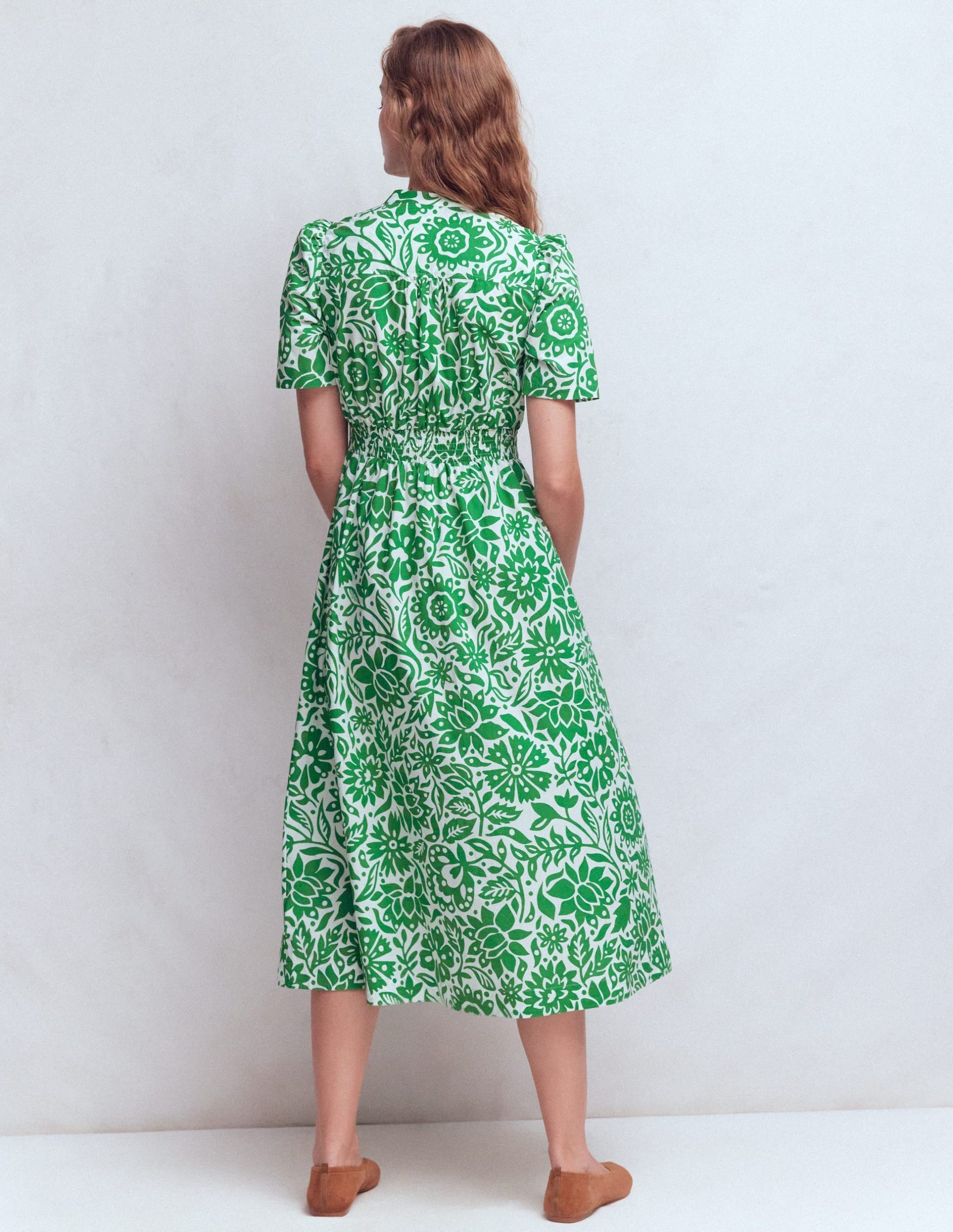 Ivy Button Cotton Midi Dress-Verdant Green. Meadow Scatter - Image 3