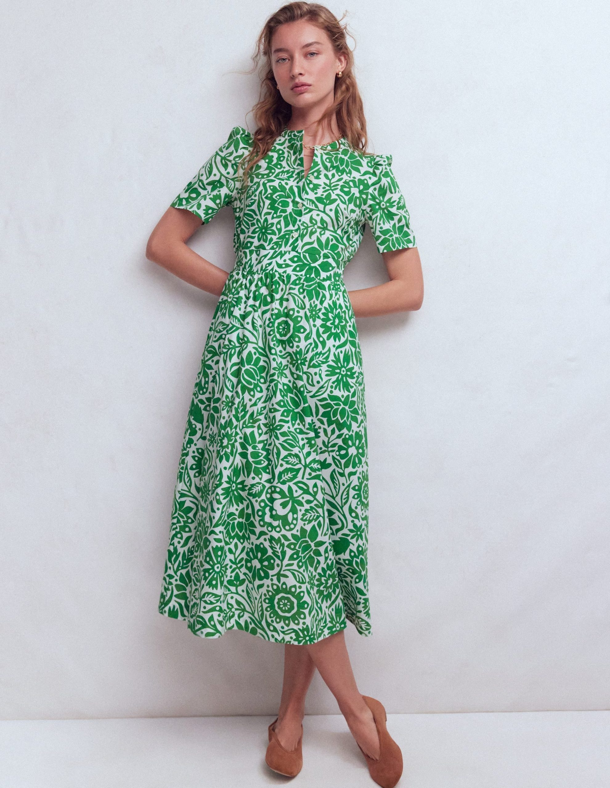 Ivy Button Cotton Midi Dress-Verdant Green. Meadow Scatter - Image 4