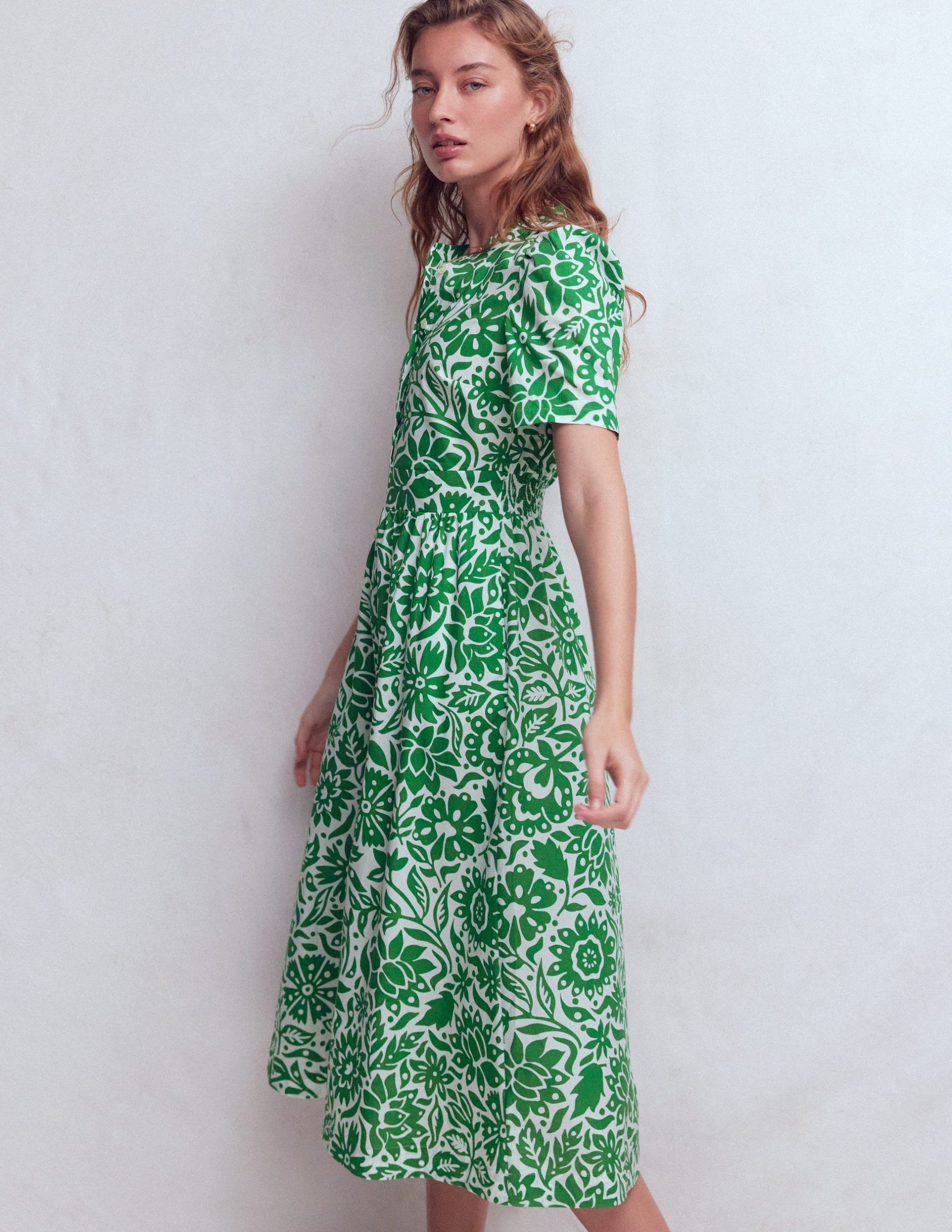Ivy Button Cotton Midi Dress-Verdant Green. Meadow Scatter - Image 5