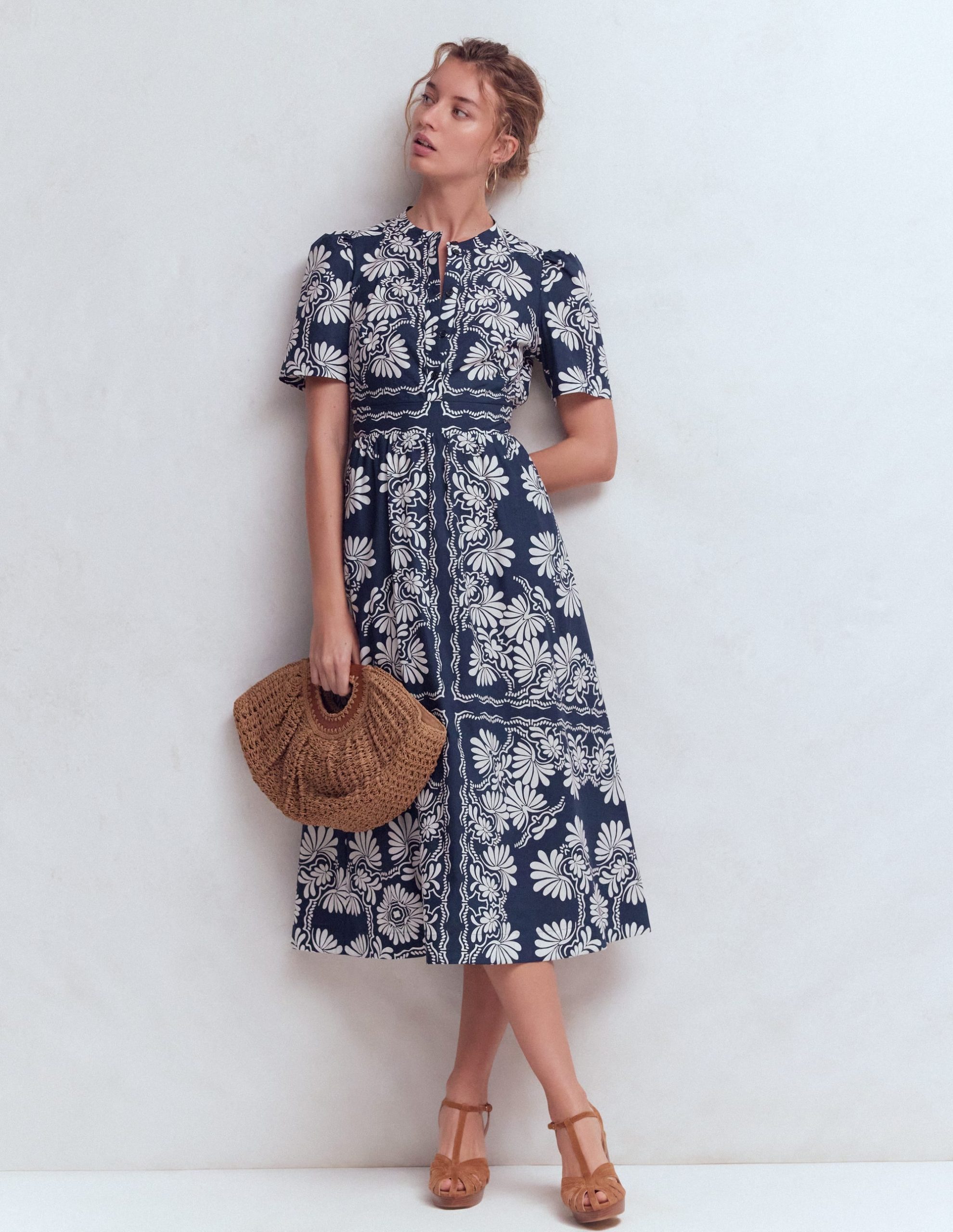Ivy Button Cotton Midi Dress-French Navy Botanical Charm