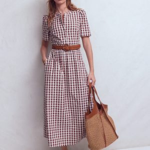 Ivy Button Cotton Midi Dress-Gingham
