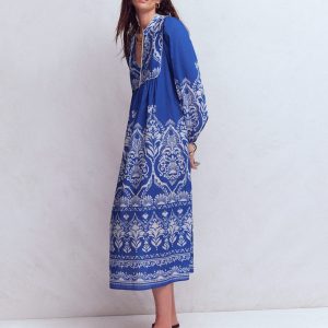 Boho Tie Neck Kaftan-Blue Ornamental Garden