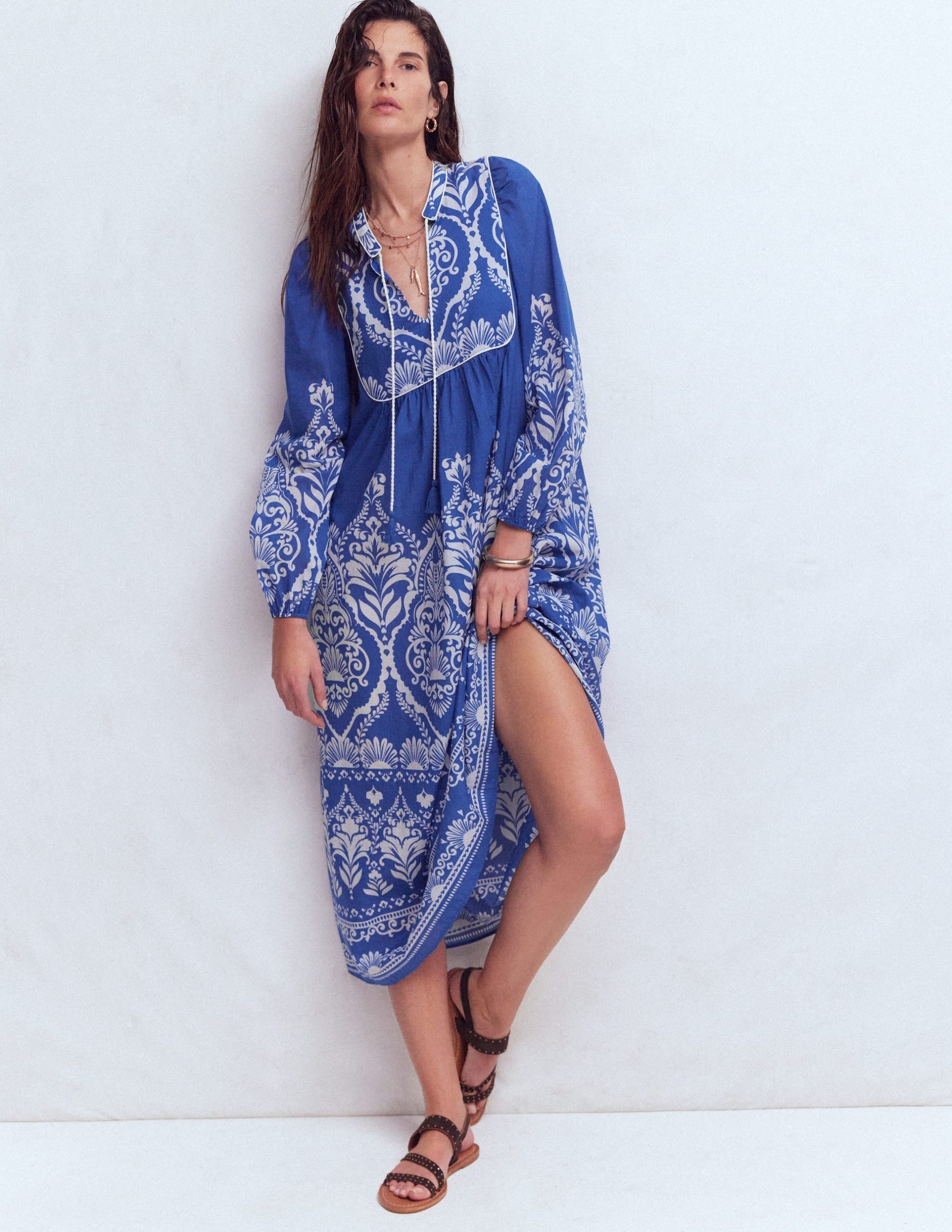 Boho Tie Neck Kaftan-Blue Ornamental Garden - Image 4