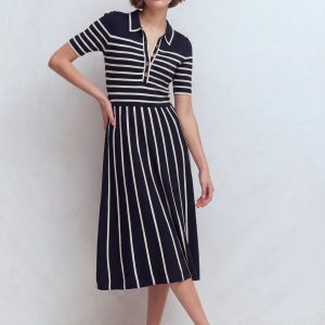 Collared Knitted Midi Dress-French Navy and Ivory Stripe