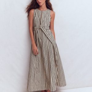 Sleeveless Zip Denim Dress-Ivory and Navy Stripe
