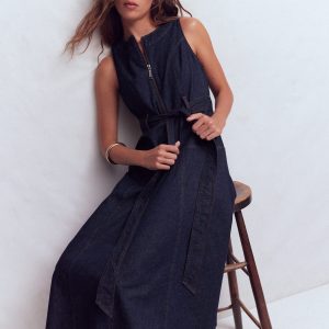 Sleeveless Zip Denim Dress-Indigo Wash