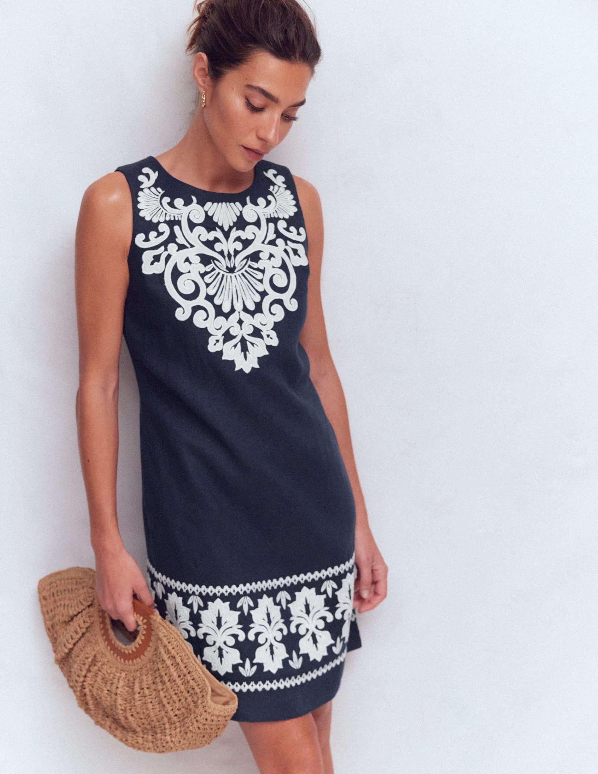 Linen Shift Dress-Navy Embrodiery - Image 5