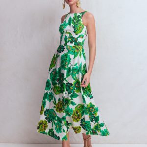 Silvia Boned Bodice Maxi Dress-Green Opulent Blossom
