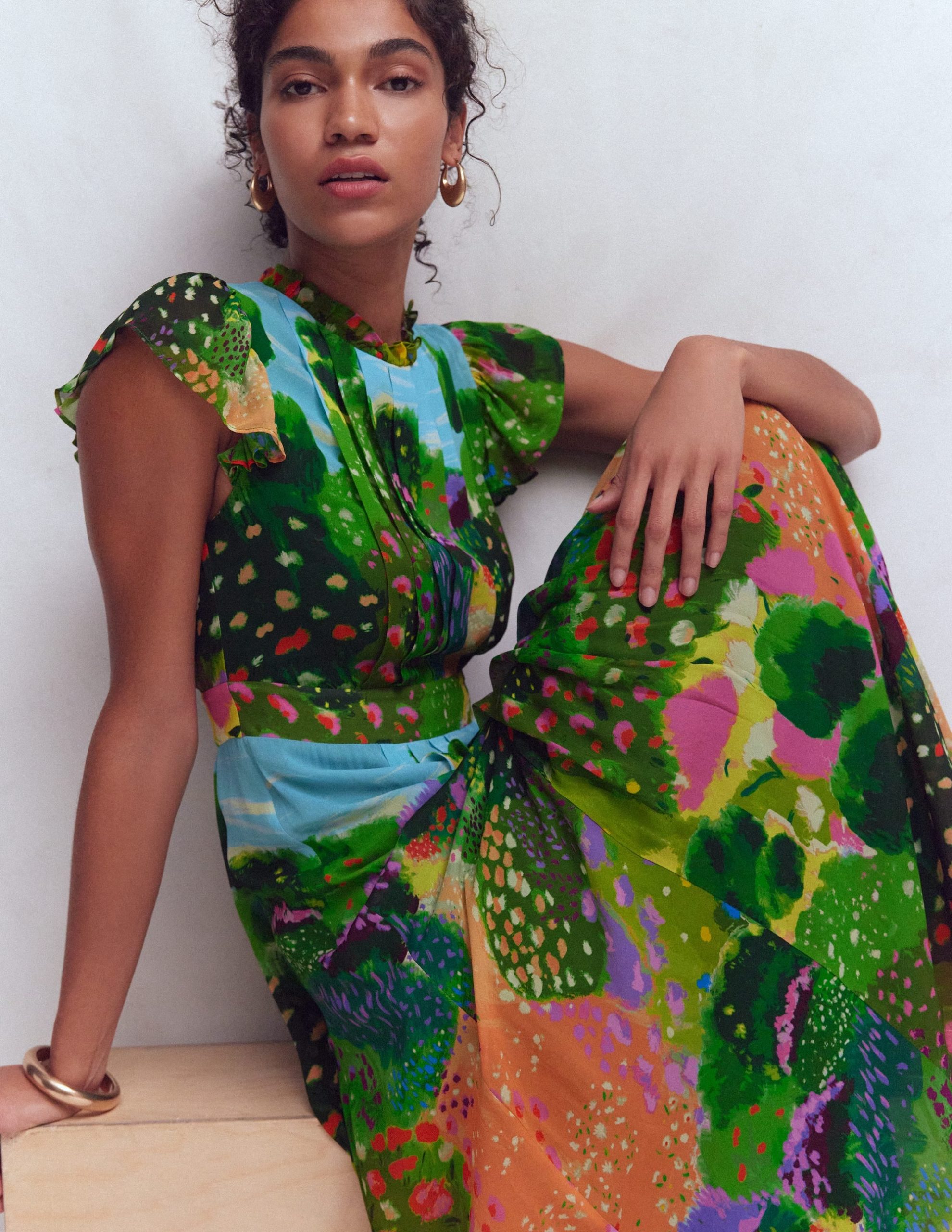 Pleat Ruffle Maxi Dress-Multi. Garden Path