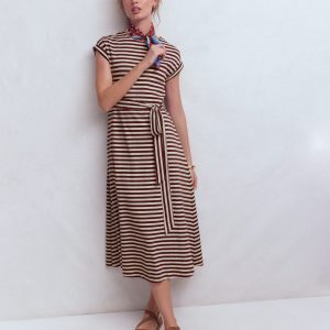 Eve Jersey Midi Dress-Deep Wisteria. Ivory Stripe
