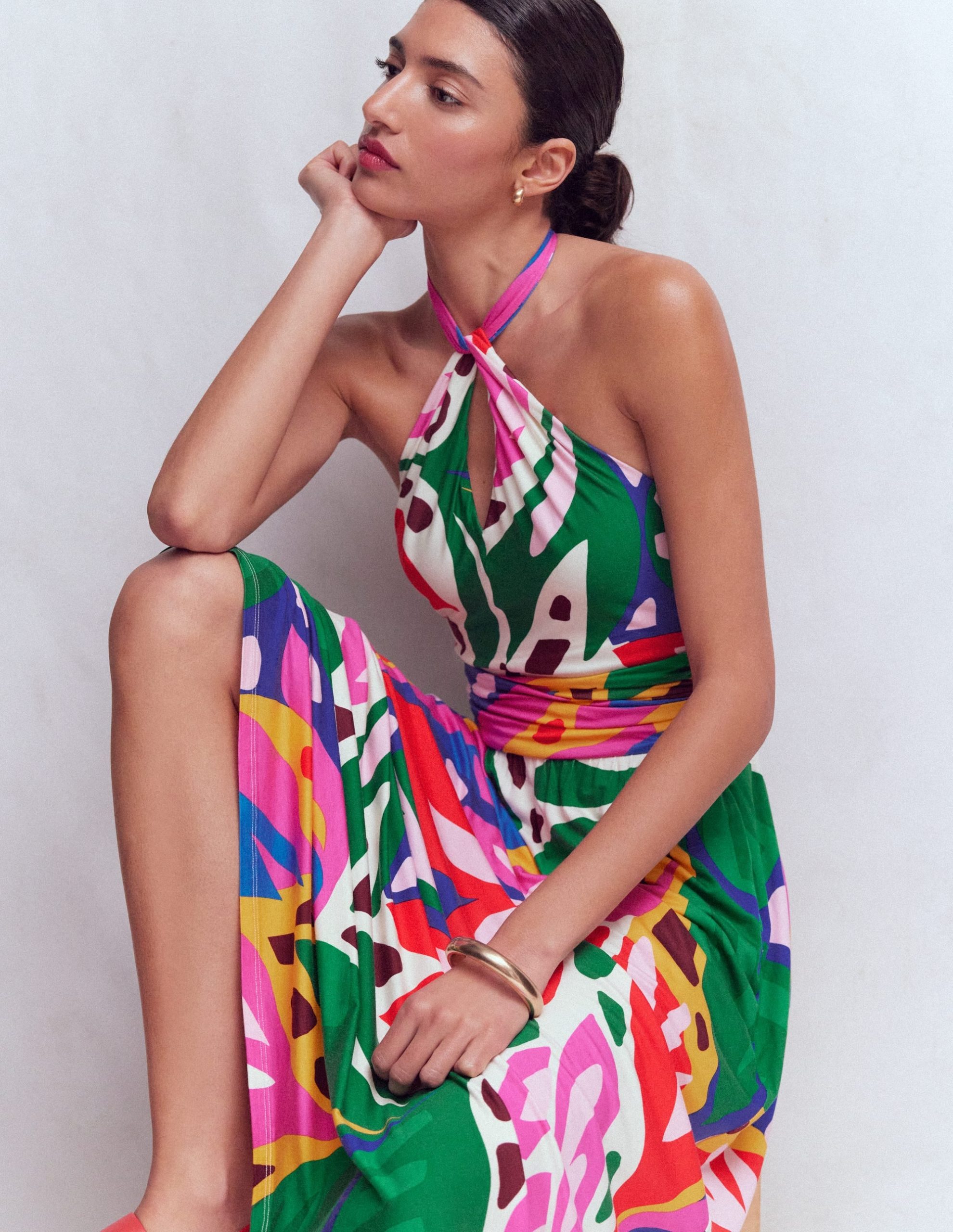 Sydney Twist Neck Jersey Dress-Multi. Leafy Cascade