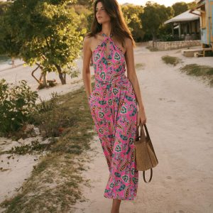 Sydney Twist Neck Jersey Dress-Brillant Pink. Radiant Paisley
