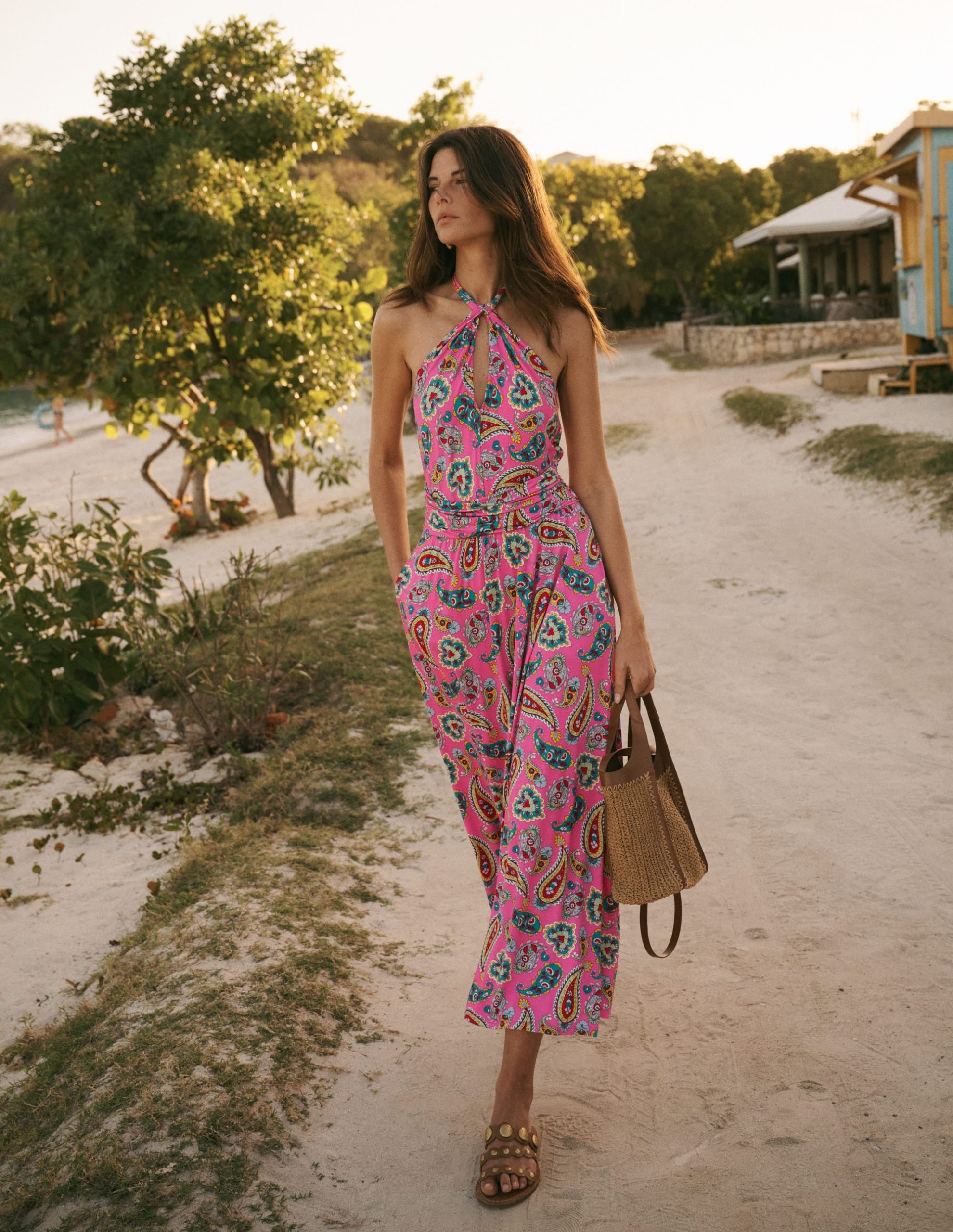 Sydney Twist Neck Jersey Dress-Brillant Pink. Radiant Paisley