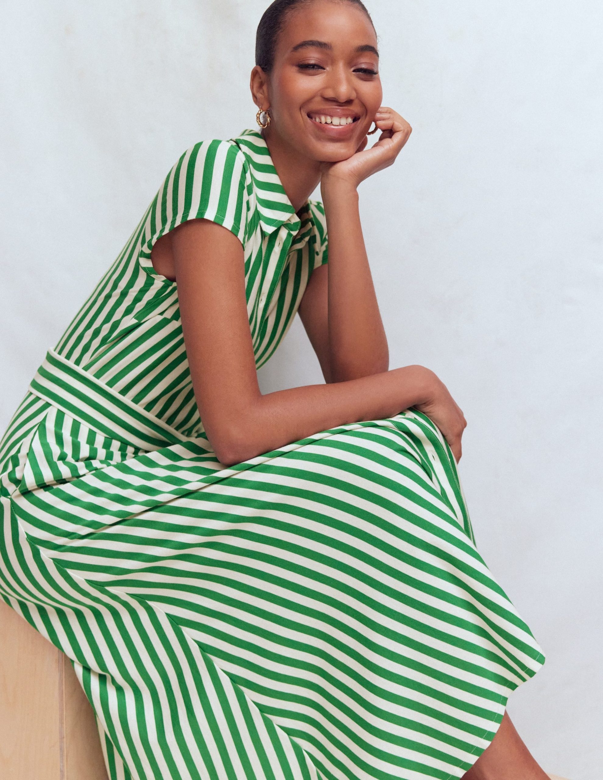 Marcia Jersey Shirt Dress-Green and Ivory Stripe - Image 4