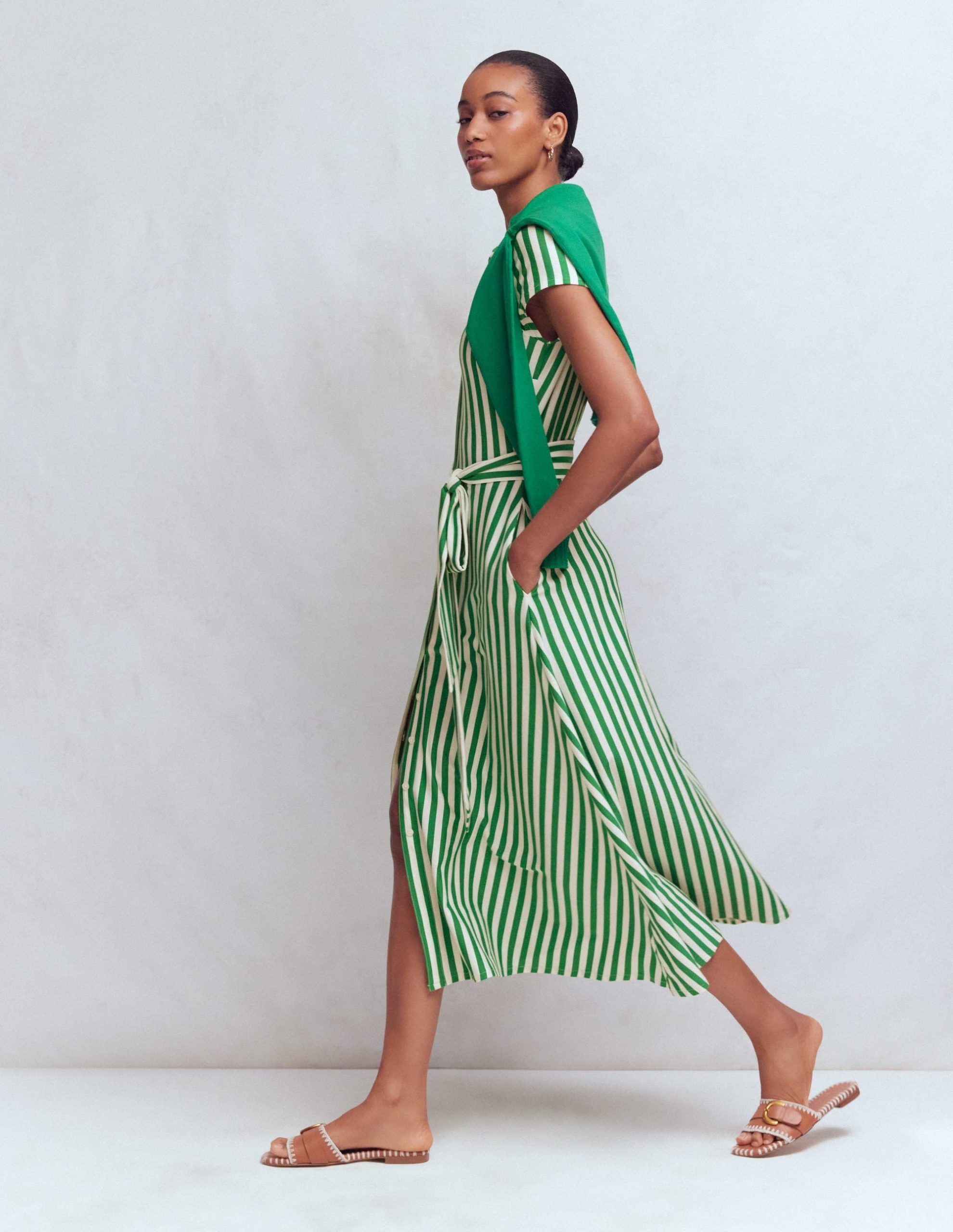 Marcia Jersey Shirt Dress-Green and Ivory Stripe - Image 5