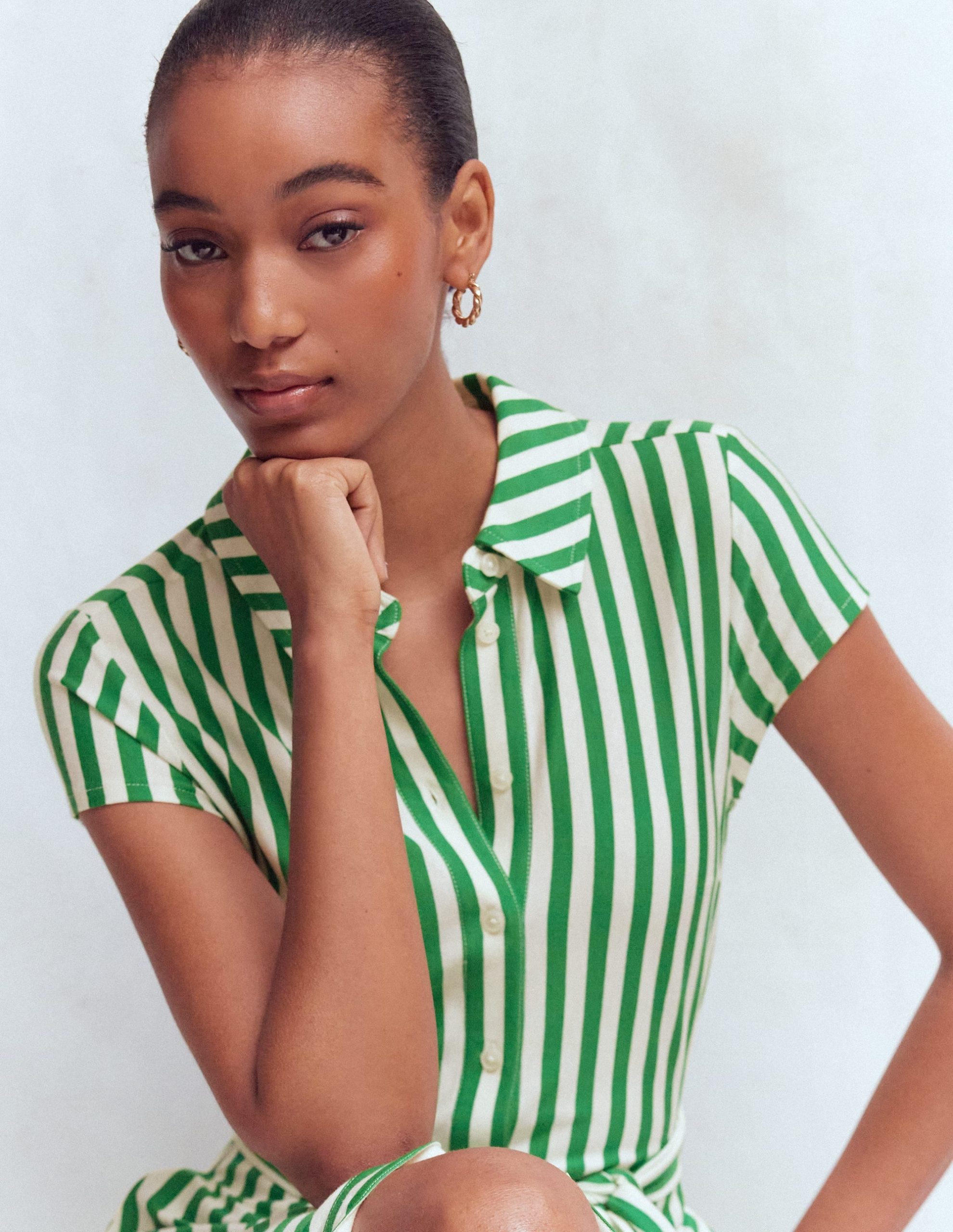 Marcia Jersey Shirt Dress-Green and Ivory Stripe - Image 6