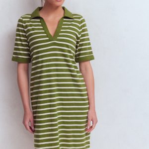 Tilda Jersey T-shirt Dress-Olive and Ivory Stripe
