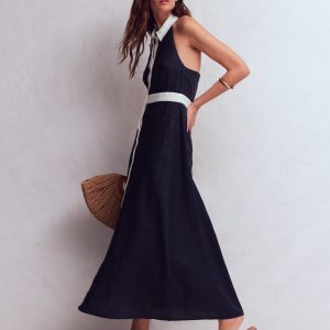 Halter Linen Blend Maxi Dress-Navy Ivory