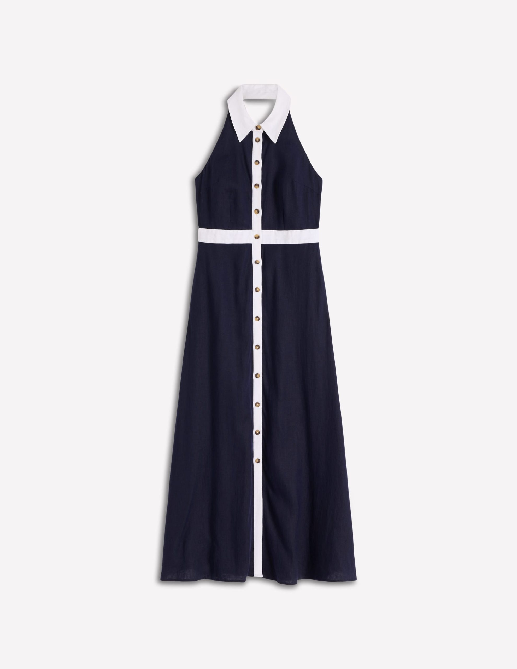 Halter Linen Blend Maxi Dress-Navy Ivory - Image 6