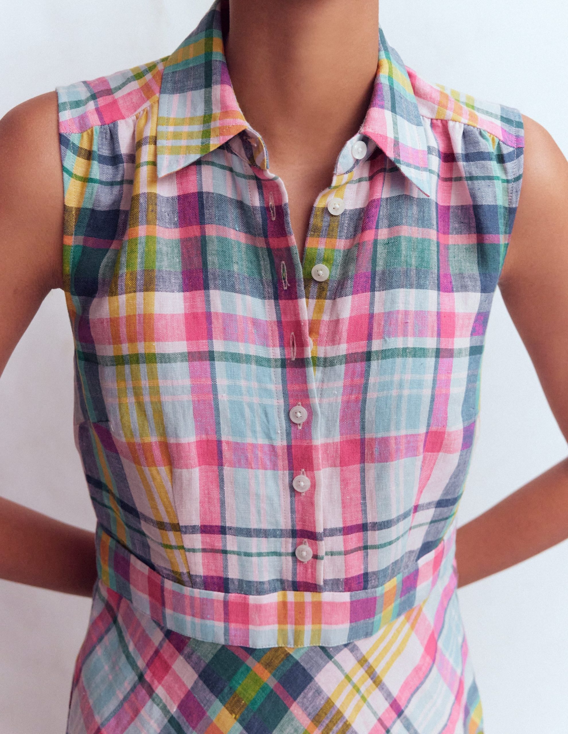 Erma Drop Waist Linen Dress-Blue. Pink and Green Madras - Image 2