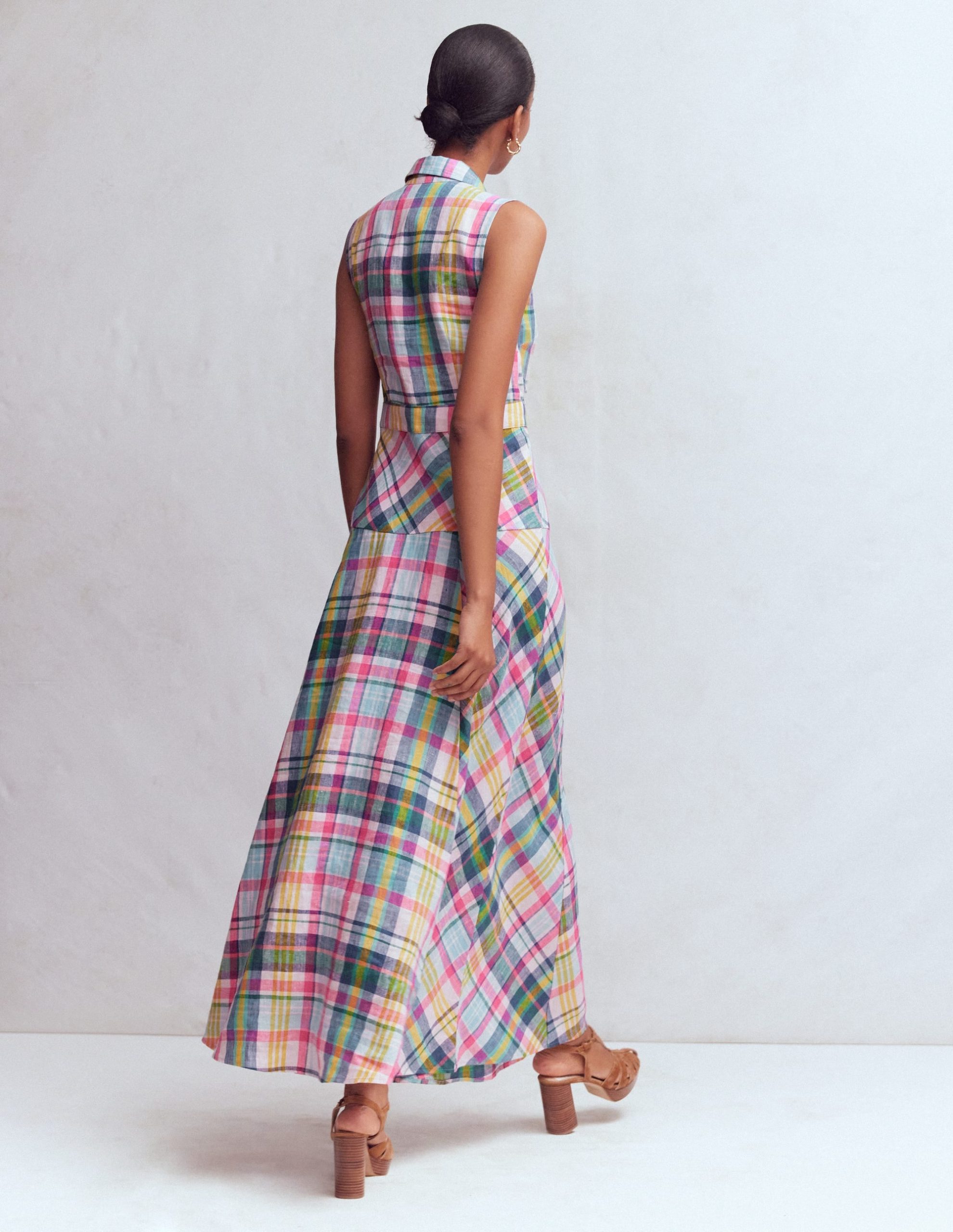 Erma Drop Waist Linen Dress-Blue. Pink and Green Madras - Image 3