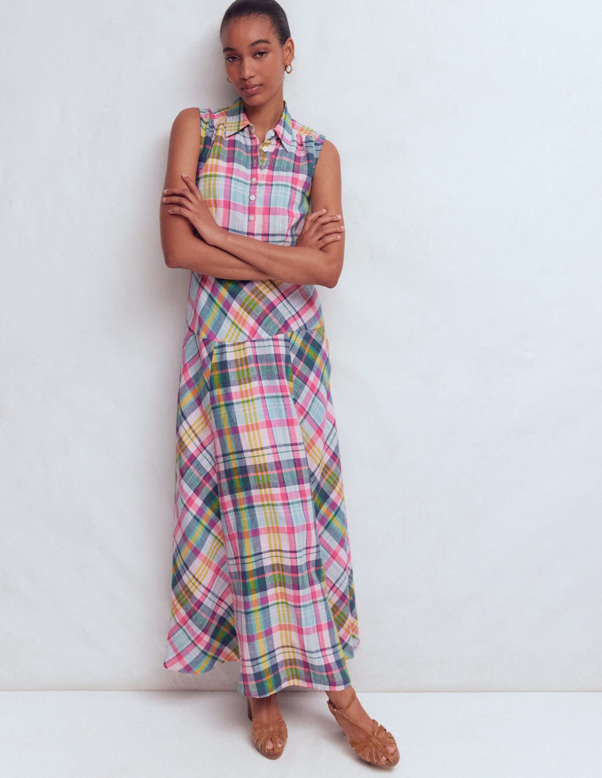 Erma Drop Waist Linen Dress-Blue. Pink and Green Madras - Image 4